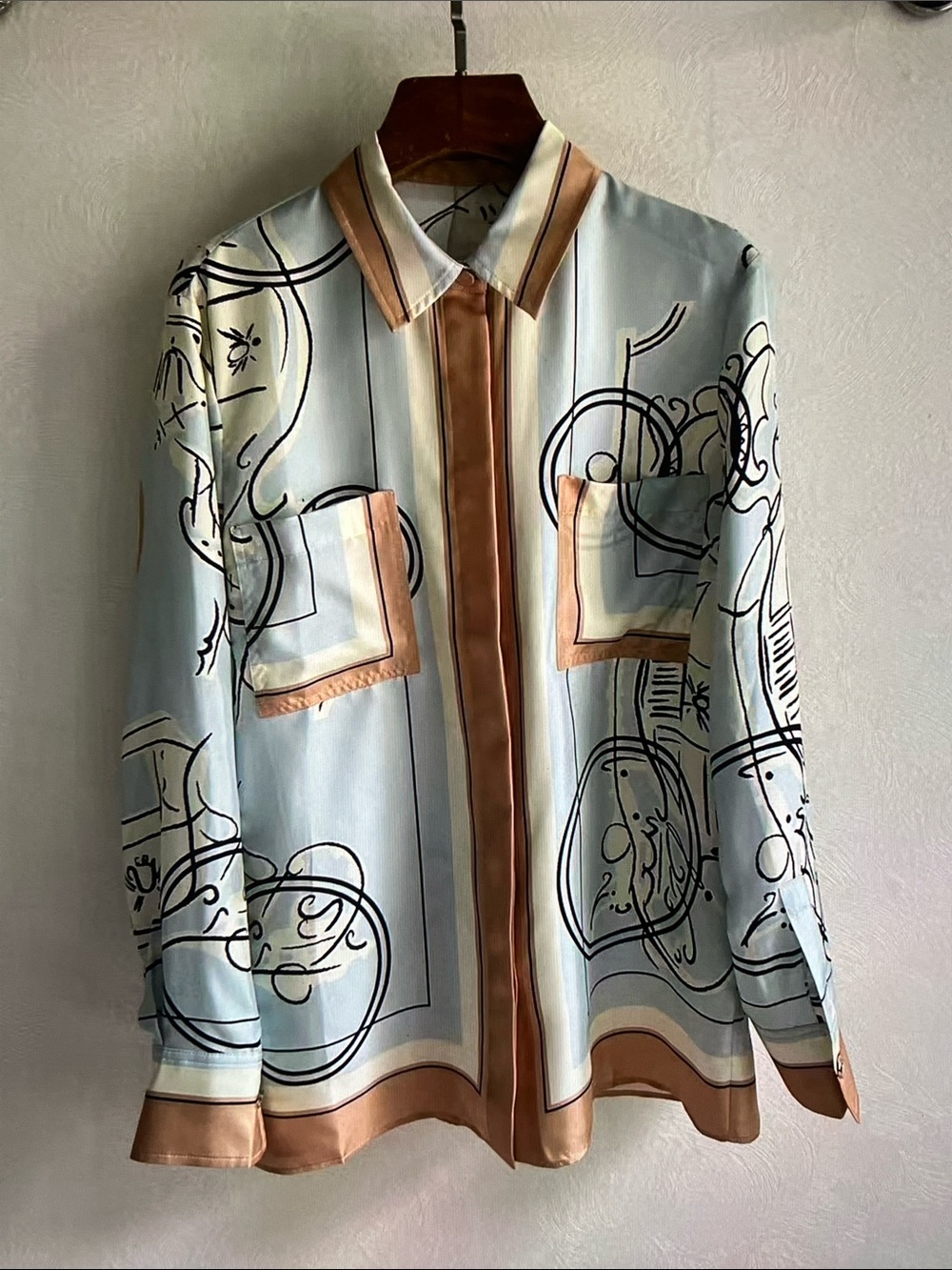 Emilio Pucci Light Blue and Tan Printed Silk Blouse